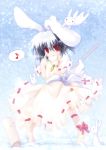  1girl ai_takurou animal animal_ears barefoot dress female inaba_tewi looking_at_viewer musical_note puffy_short_sleeves puffy_sleeves rabbit rabbit_ears red_eyes short_sleeves silver_hair solo speech_bubble spoken_musical_note standing touhou white_dress 