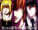  1girl 2boys amane_misa black_hair black_necktie blonde_hair breasts cleavage close-up collarbone collared_shirt death_note dress_shirt evil_smile face gem jewelry lips mikami_teru multiple_boys necklace necktie pendant red_eyes shirt small_breasts smile white_shirt yagami_light 