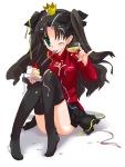  1girl aqua_eyes black_hair black_legwear cake crown fate/stay_night fate_(series) female food fork glass hair_ribbon hizuki_yayoi long_hair long_legs looking_at_viewer mouth_hold no_pupils one_eye_closed pastry pinky_out ribbon sitting skirt solo thigh-highs tohsaka_rin two_side_up white_background wink 