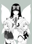  3girls bangs blunt_bangs bow bowtie closed_eyes dress fairy fairy_wings female green green_background kajiki looking_afar looking_up luna_child monochrome multiple_girls perfect_memento_in_strict_sense simple_background smile star_sapphire sunny_milk touhou upper_body wings 