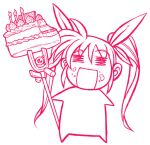  00s 1girl =_= bow cake chibi food fruit hair_bow lyrical_nanoha mahou_shoujo_lyrical_nanoha monochrome pastry raising_heart red solo strawberry takamachi_nanoha twintails 