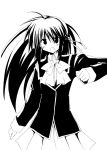  1girl akane_souichi arm_at_side blazer bow bowtie clenched_hand cowboy_shot jacket little_busters!! long_hair looking_at_viewer miniskirt monochrome natsume_rin pleated_skirt simple_background skirt sleeve_cuffs solo very_long_hair white_background 