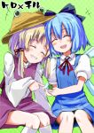  2girls blue_hair cirno female frog gochou_(atemonai_heya) hat moriya_suwako multiple_girls ribbon smile touhou 