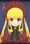  00s 1girl bangs blonde_hair blue_background blue_eyes blunt_bangs bow bowtie dress drill_hair frills green_bow green_bowtie hat long_hair looking_at_viewer mame_usagi poncho red_dress red_hat rozen_maiden shinku sidelocks simple_background solo twin_drills twintails upper_body 