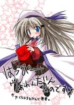  1girl blue_eyes bow cape hat little_busters!! long_hair mouth_hold noumi_kudryavka pink_bow pocky silver_hair solo thigh-highs umesato_yukino 