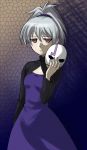  1girl bangs cleavage_cutout darker_than_black dress expressionless flat_chest gradient gradient_background hair_between_eyes high_ponytail holding looking_at_viewer mask mikage_nao orifice ponytail purple_dress scrunchie short_hair silver_hair solo standing turtleneck violet_eyes yin 