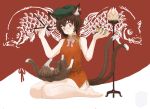  1girl animal_ears barefoot brown_eyes brown_hair cat cat_ears cat_tail chen china_dress chinese_clothes chopsticks dress earrings eyeshadow female hat jewelry makeup multiple_tails seiza sitting solo tail touhou tsurui 