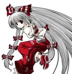  1girl bangs bow female fujiwara_no_mokou hair_bow hands_in_pockets long_hair long_sleeves one_leg_raised pants red_bow red_eyes red_shoes shirt shoe_soles shoes silver_hair simple_background solo tatamiya touhou very_long_hair white_background white_shirt 