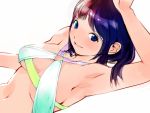  1girl arm_up armpits bikini blue_eyes breasts from_above gradient_hair igarasy lips multicolored_hair o-ring_top original purple_hair redhead short_hair simple_background solo swimsuit 