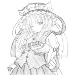  1girl box buttons eyebrows eyebrows_visible_through_hair female gift gift_box hat long_hair long_sleeves looking_at_viewer monochrome one_eye_closed ribbon shiki_eiki sidelocks simple_background skirt solo touhou vest white_background wide_sleeves 