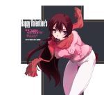  00s 1girl 2008 blush brown_hair character_name chocolate copyright_name happy_valentine leaning_forward long_hair mouth_hold nagare_hyougo pants red_scarf scarf solo sweater thigh_gap true_tears valentine violet_eyes yuasa_hiromi 