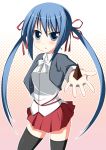  1girl amatsuka_tsurara baby_princess black_legwear blue_eyes blue_hair chocolate contrapposto food holding holding_food long_sleeves looking_at_viewer outstretched_arm shio solo standing thigh-highs twintails 