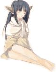  1girl animal_ears barefoot black_hair closed_eyes full_body long_hair simple_background sitting solo utawareru_mono white_background yuzuha_(utawareru_mono) 