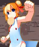  1girl armpits bachera blonde_hair blue_eyes china_dress chinese_clothes double_bun dress face flat_chest food hair_bun hair_ribbon mouth_hold original pakky_(bachera) ribbon solo 