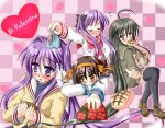  4girls black_legwear blush bow bread clannad closed_eyes food fujibayashi_kyou gift heart hiiragi_kagami hiiragi_tomoka long_hair lucky_star melon_bread mouth_hold multiple_girls no_pupils open_mouth purple_hair ribbon school_uniform serafuku shakugan_no_shana shana shoes suzumiya_haruhi suzumiya_haruhi_no_yuuutsu thigh-highs tsundere valentine very_long_hair violet_eyes 