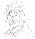  1girl apron bow broom broom_riding dress female hat hat_bow holding kirisame_marisa monochrome nu_(plastic_eraser) puffy_short_sleeves puffy_sleeves salute short_sleeves simple_background sitting solo touhou waist_apron white_background witch_hat 