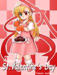  1girl ahoge aoiba_takato artist_name blonde_hair chocolate chocolate_heart english green_eyes happy_valentine heart heterochromia long_hair lyrical_nanoha mahou_shoujo_lyrical_nanoha mahou_shoujo_lyrical_nanoha_strikers oven_mitts pastry_bag pigeon-toed plate rabbit red_eyes solo valentine vivio 