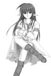  1girl armlet belt buckle closed_mouth dress expressionless legs_crossed long_hair long_sleeves looking_at_viewer monochrome original pointy_ears simple_background solo very_long_hair white_background 