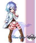  1girl blue_hair boots box original sho_(runatic_moon) short_hair sitting solo striped striped_legwear thigh-highs 