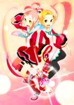  2girls :d black_legwear blonde_hair blush brown_eyes dress full_body glint glowing light_rays long_sleeves looking_at_viewer magic multiple_girls open_mouth original pantyhose pink_hair rakuraku red_dress redhead short_hair smile white_dress 