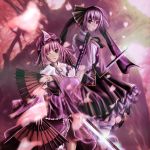  2girls dual_wielding fan female folding_fan katana konpaku_youmu multiple_girls saigyouji_yuyuko skirt sword tanto touhou weapon 