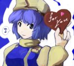  1girl ? blue_hair blush chocolate chocolate_heart english female hat heart letty_whiterock lowres musical_note simon_(artist) solo speech_bubble spoken_musical_note spoken_question_mark touhou valentine 
