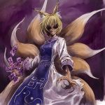  1girl animal_ears blonde_hair cervus claws creepy dark evil female grin multiple_tails no_hat no_headwear smile solo surcoat tail touhou yakumo_ran you_gonna_get_raped 