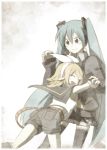  2girls aqua_hair bad_id closed_eyes hatsune_miku hug kagamine_rin multiple_girls smile thigh-highs tsukuba_masahiro vocaloid 