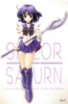  1girl 90s bishoujo_senshi_sailor_moon black_bow bob_cut boots bow character_name choker copyright_name earrings elbow_gloves gloves highres jewelry knee_boots magical_girl polearm purple_boots purple_hair purple_skirt sailor_saturn short_hair silence_glaive skirt solo staff tiara tomoe_hotaru uchiu_kazuma violet_eyes weapon white_gloves 