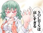  1girl breasts cleavage female green_hair hands impossible_clothes impossible_shirt kazami_yuuka large_breasts lowres nyagakiya plaid plaid_vest red_eyes shirt short_hair solo touhou upper_body vest youkai 