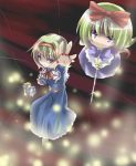  1girl alice_margatroid blonde_hair blue_dress bow capelet doll dress dust female flying foreshortening full_body glowing hair_bow hairband light_rays long_sleeves looking_at_viewer magic miwa_maku red_bow shanghai_doll short_hair solo standing touhou 