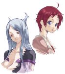  2girls ahoge breasts cleavage closed_mouth dragonaut eyebrows long_hair machina multiple_girls open_mouth red_eyes redhead short_hair silver_hair simple_background souya_akira takano_natsuki upper_body violet_eyes white_background 