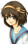  1girl brown_eyes brown_hair hair_ribbon hairband looking_at_viewer mitsuki_meiya ribbon sailor_collar school_uniform serafuku shirt simple_background solo suzumiya_haruhi suzumiya_haruhi_no_yuuutsu upper_body white_background white_shirt yellow_ribbon 