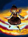  1girl brown_dress clouds cloudy_sky dress feathered_wings female flying frills full_body hat head_wings long_sleeves mob_cap mystia_lorelei sky solo sunlight sunset takanashi_minato touhou wings 