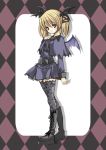  1girl bat_wings belt blonde_hair blue_eyes boots buckle casper_(deathsmiles) cave_(developer) deathsmiles dress gothic gothic_lolita head_wings legs lolita_fashion original patterned_legwear platform_footwear print_legwear purple_skirt short_dress skirt solo thigh-highs twintails wings yukiwo zettai_ryouiki 