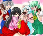  4girls :&lt; chocolate chocolate_heart ex-keine feeding female fujiwara_no_mokou heart horns houraisan_kaguya kamishirasawa_keine multiple_girls one_eye_closed open_mouth oversized_object sketch syringe touhou valentine yagokoro_eirin you_gonna_get_raped 