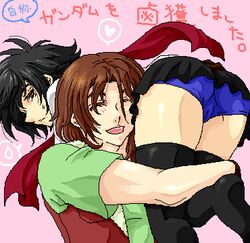  1boy 1girl ass genderswap genderswap_(mtf) gundam gundam_00 lockon_stratos lowres oekaki panties scarf setsuna_f_seiei thigh-highs underwear 