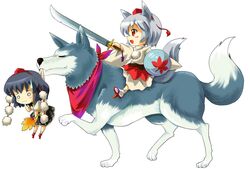  2girls :3 chibi female geta hat inubashiri_momiji michii_yuuki multiple_girls nyoro~n pom_pom_(clothes) shameimaru_aya sword tengu-geta tokin_hat touhou weapon wolf 