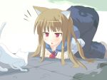  all_fours animal_ears brown_hair cat cat_ears holo hujikok long_hair original red_eyes spice_and_wolf wolf_ears 