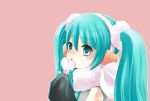  1girl aqua_eyes aqua_hair bangs bare_shoulders blush earmuffs fumii fummy fur hairband hatsune_miku heart_earmuffs holding ice licking long_hair looking_at_viewer melting momicco open_mouth pink_background popsicle simple_background sleeves_past_wrists solo twintails upper_body vocaloid wide_hips 