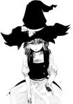  1girl apron expressionless female hair_ribbon hat inemuri_uno inemuriuno kirisame_marisa looking_at_viewer monochrome puffy_sleeves ribbon simple_background solo touhou tress_ribbon vest white_background witch_hat 