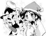  &gt;_&lt; 2girls :d chibi christmas closed_eyes female hakurei_reimu herada_mitsuru kirisame_marisa monochrome multiple_girls open_mouth smile touhou xd 