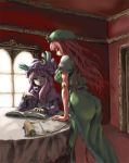  2girls ass book crescent female hat hong_meiling katzeh long_hair multiple_girls patchouli_knowledge purple_hair redhead scroll star table the_embodiment_of_scarlet_devil touhou violet_eyes window 