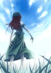  1girl blurry depth_of_field female from_behind hands hat hong_meiling ladybug lain long_hair redhead side_slit sky solo standing the_embodiment_of_scarlet_devil touhou 