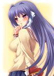  blush breasts clannad fujibayashi_kyou large_breasts long_hair purple_hair school_uniform serafuku valentine violet_eyes yukizuki_chikuba 