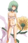  1girl bra breasts female flower green_hair kazami_yuuka lace lace-trimmed_bra lace-trimmed_panties lingerie midriff panties red_eyes ribs skinny small_breasts smile solo standing sunflower touhou underwear underwear_only yohane youkai 