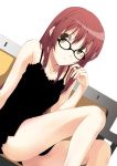  1girl camisole chemise dutch_angle glasses legs long_hair luna_(reclaimed_land) original redhead sitting solo yellow_eyes 