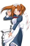  00s 1girl bad_anatomy blood brown_hair lowres maid poorly_drawn red_eyes solo tongue tsukihime twintails yumizuka_satsuki 