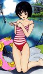  1girl ai-ren ai_(ai-ren) barefoot black_hair brown_eyes innertube kneeling one-piece_swimsuit outdoors pulled_by_self short_hair solo strap_slip striped striped_swimsuit swimsuit swimsuit_pull tanaka_yutaka thigh_gap thighs undressing water 