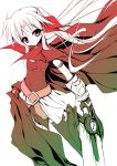  00s 1girl belt bodysuit buckle cape fate_testarossa gradient holding holding_sword holding_weapon looking_at_viewer lyrical_nanoha mahou_shoujo_lyrical_nanoha monochrome red red_eyes silver_hair simple_background solo standing sword teruui weapon white_background 
